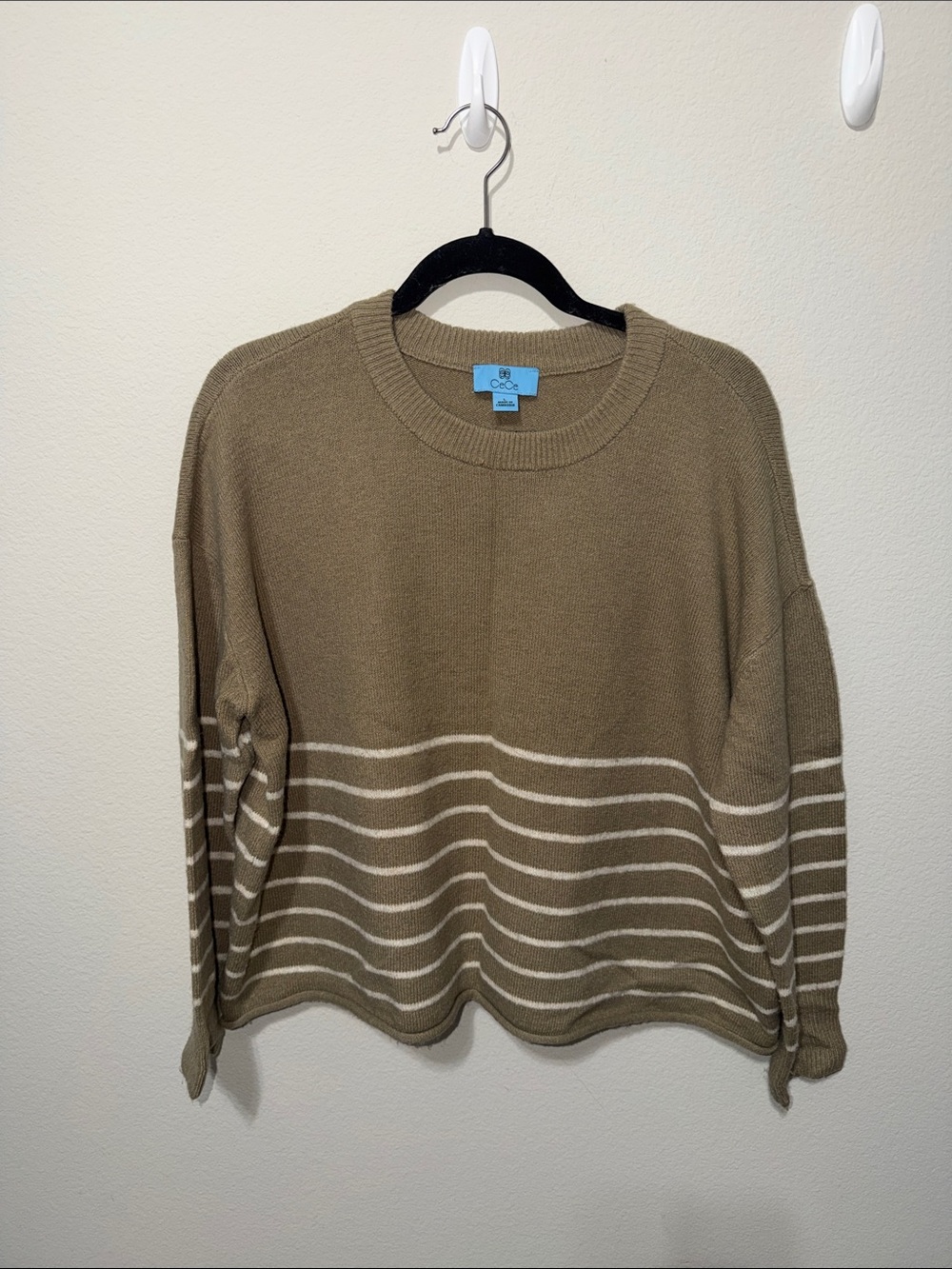 CeCe Olive & Cream Striped Crewneck Sweater. WIN26B